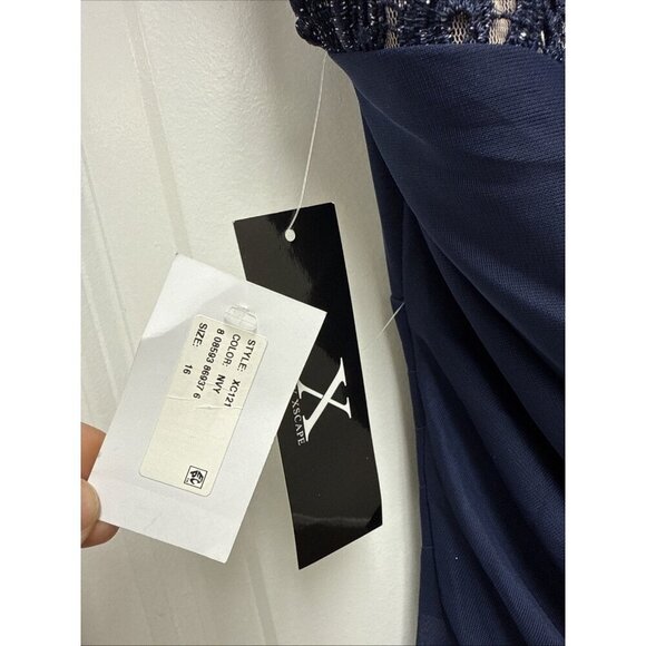 XSCAPE Size 16 Navy Metallic Lace Sleeve Chiffon Ruffled Cascade Gown Dress New - Picture 11 of 12